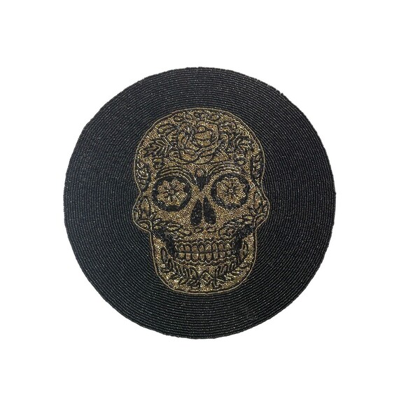 Tahari Halloween Beaded Gold Skull Black Placemat Centerpiece Charger Gothic 15" - Picture 6 of 7